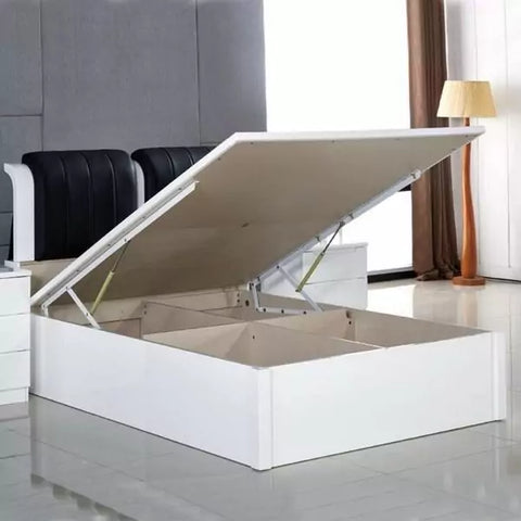 White High Gloss Rugby ottoman bed with black headboard open storage