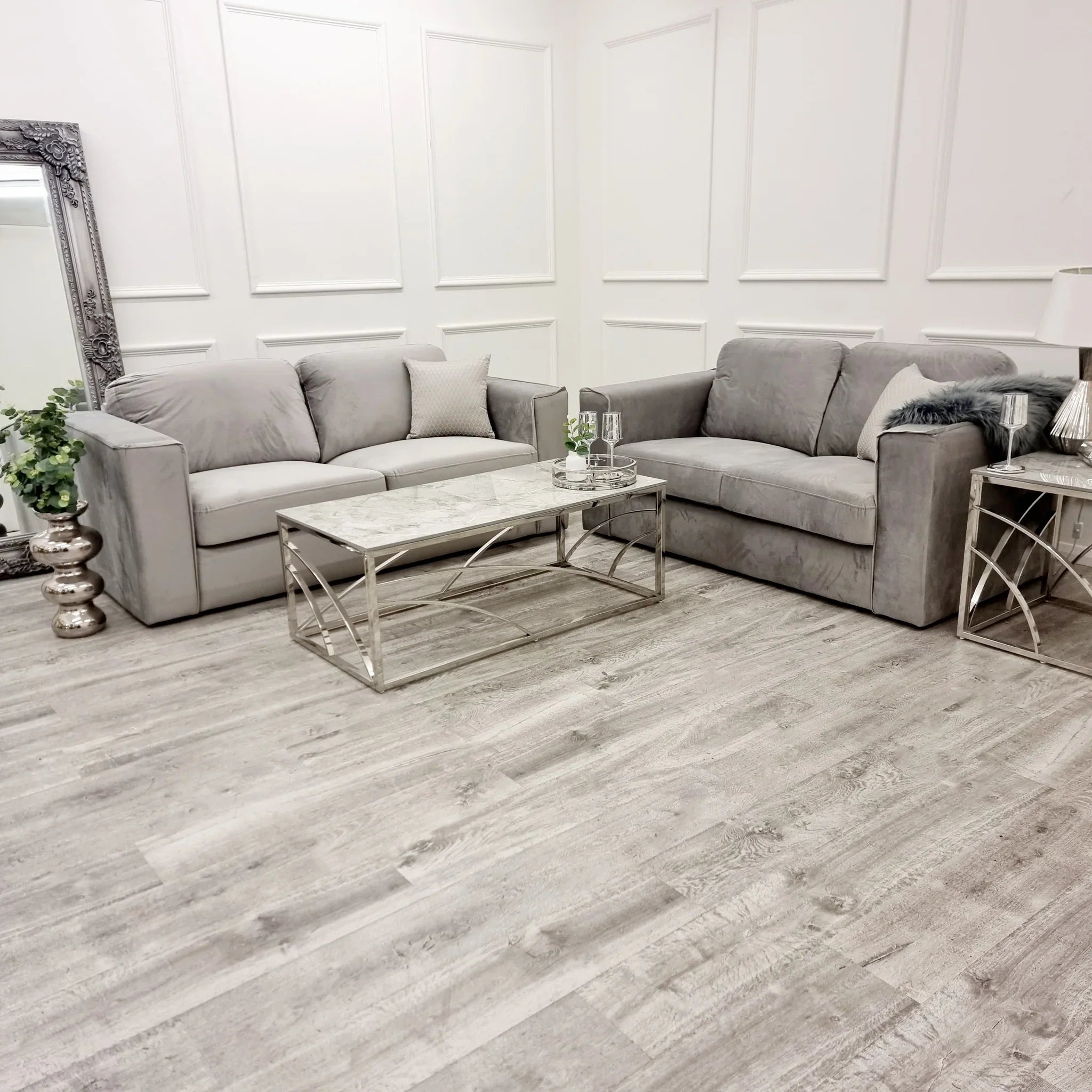 Luxury Hudson 3 and 2 seater fabric sofa set with fixed back cushions, square arms, and contemporary styling.