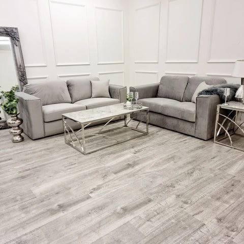 Luxury Hudson 3 and 2 seater fabric sofa set with fixed back cushions, square arms, and contemporary styling.
