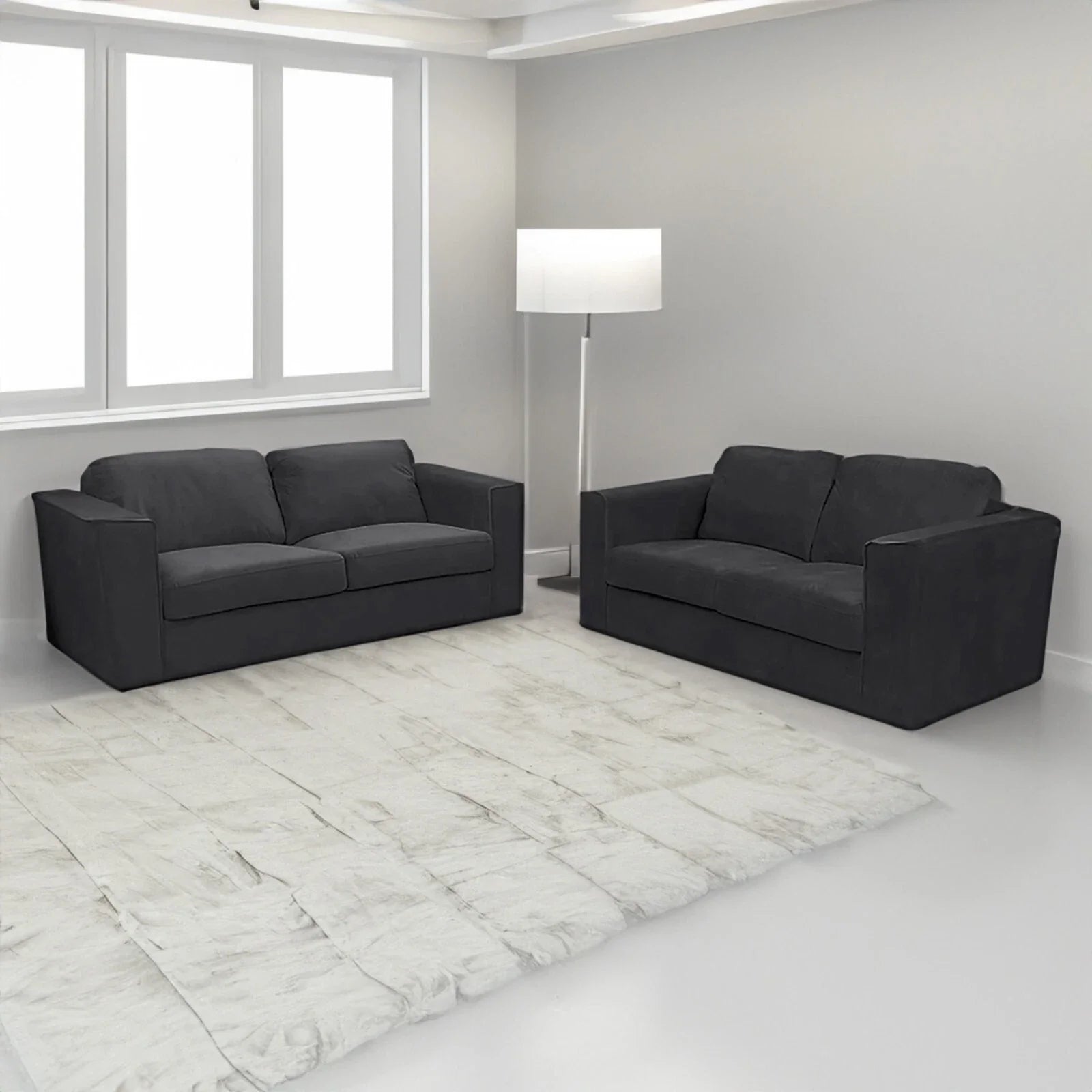 Hudson 3 and 2 seater fabric sofa set with fixed back cushions, square arms, and contemporary styling in a modern UK living room.