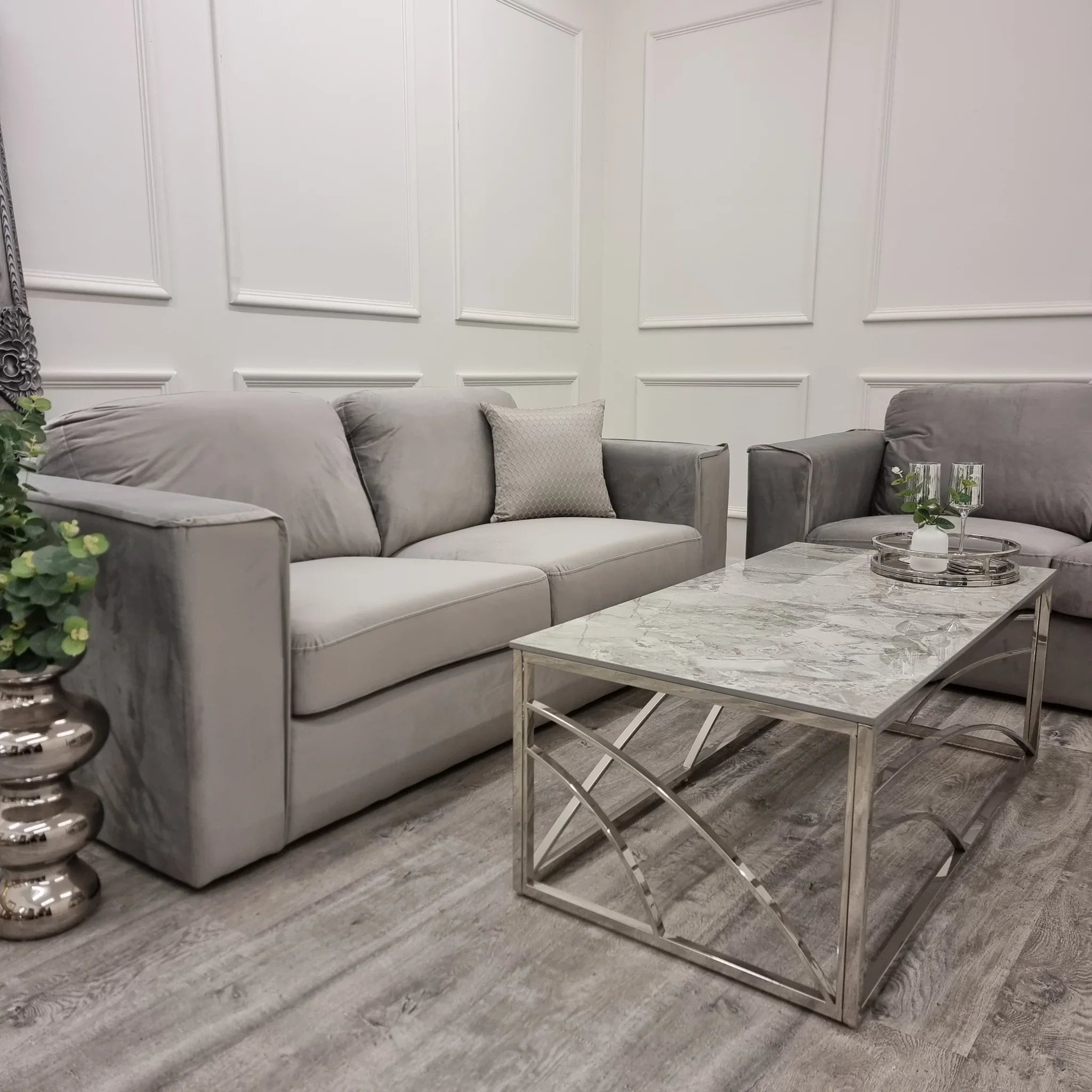 Luxury Hudson 3 and 2 seater fabric sofa set with fixed back cushions, square arms, and contemporary styling in a modern UK living room.