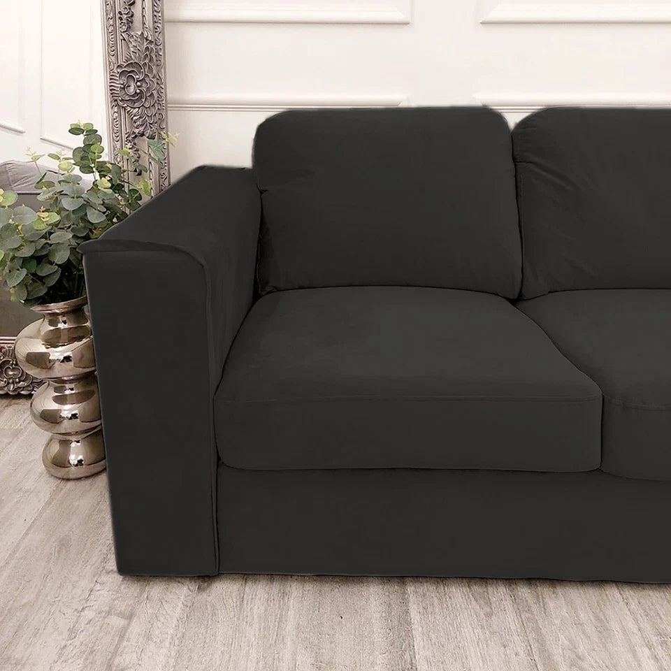 Luxury Hudson 3 and 2 seater fabric sofa set with fixed back cushions, square arms, and contemporary styling in a modern UK living room.