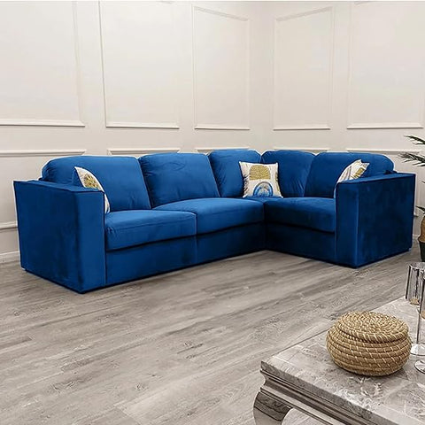 Luxury Hudson 4 piece fabric corner sofa with fixed back cushions, modular L-shaped design, deep comfortable seating, and contemporary styling in a modern UK living room.