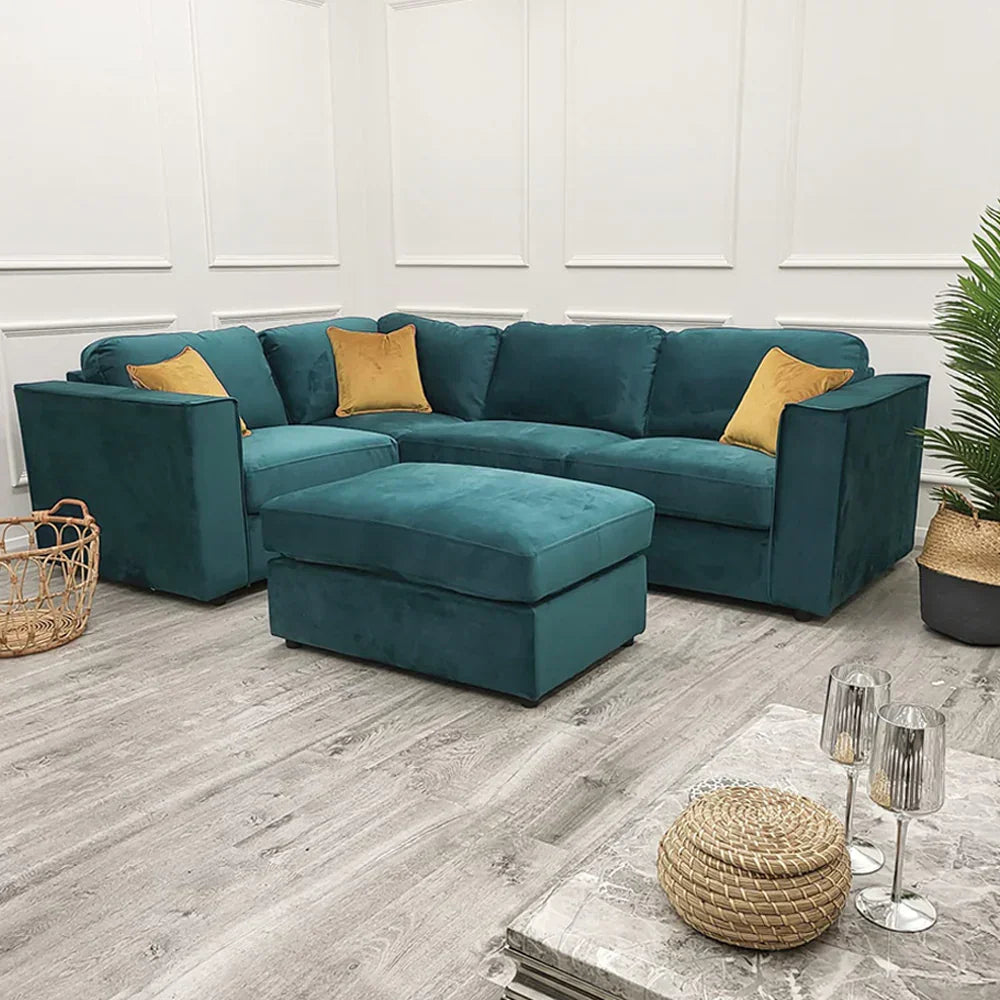 Luxury Hudson 4 piece fabric corner sofa with fixed back cushions, modular L-shaped design, deep comfortable seating, and contemporary styling in a modern UK living room.