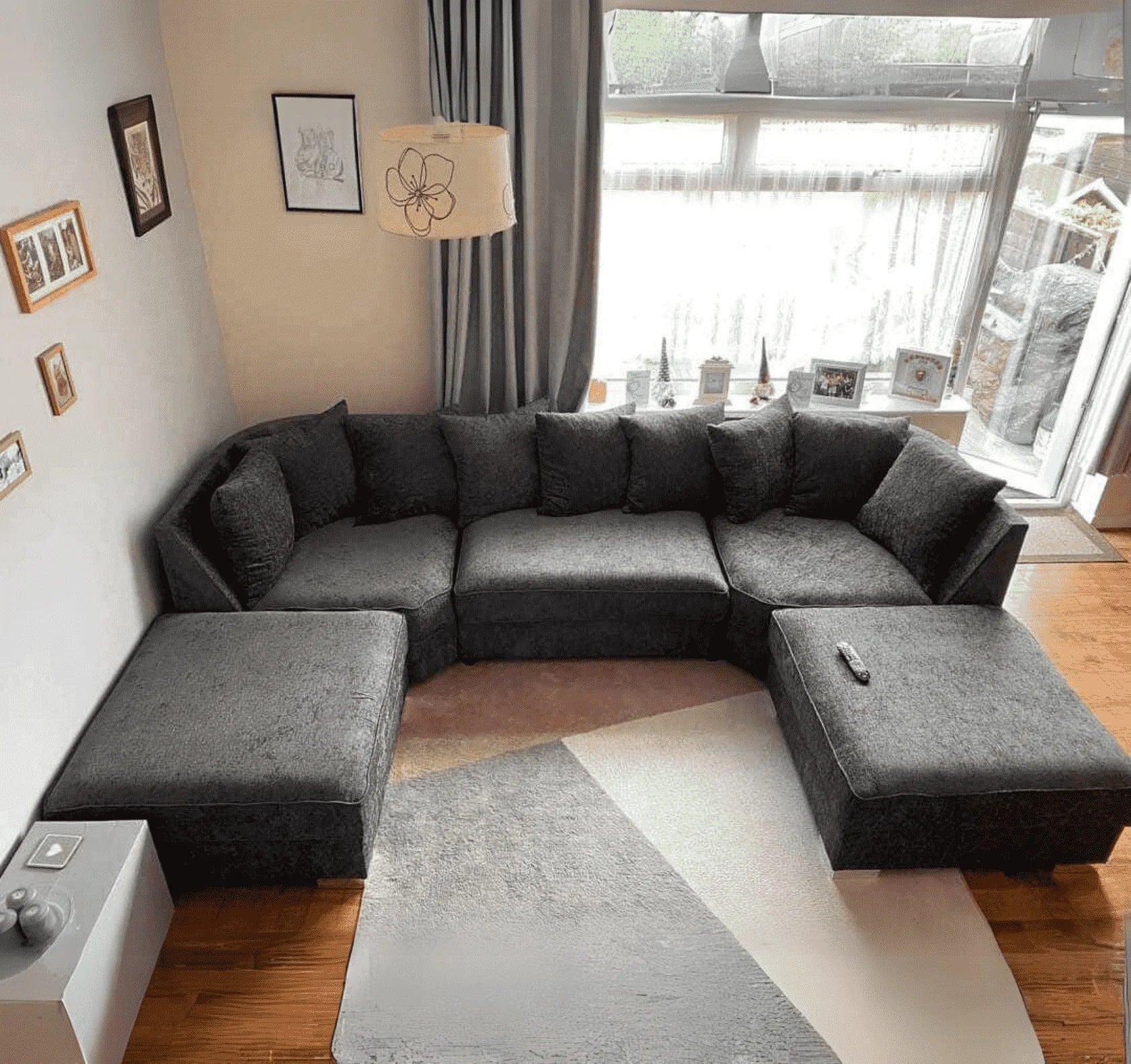 Luxury large U shape corner sofa with deep foam seating, movable footstools, removable washable covers, and contemporary styling.