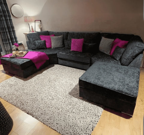 large U shape corner sofa with deep foam seating, movable footstools, removable washable covers, and contemporary styling for spacious UK living rooms.