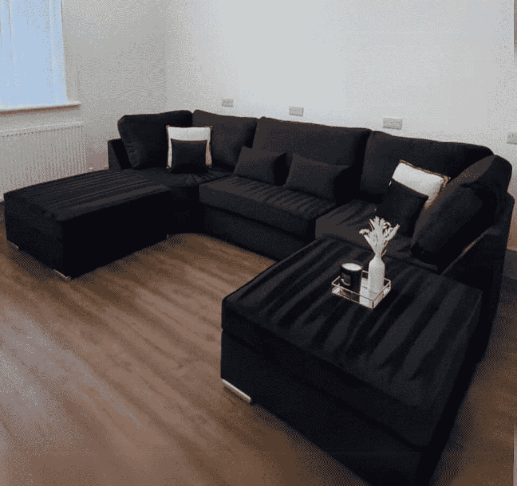 Luxury large U shape corner sofa with deep foam seating, movable footstools, removable washable covers.
