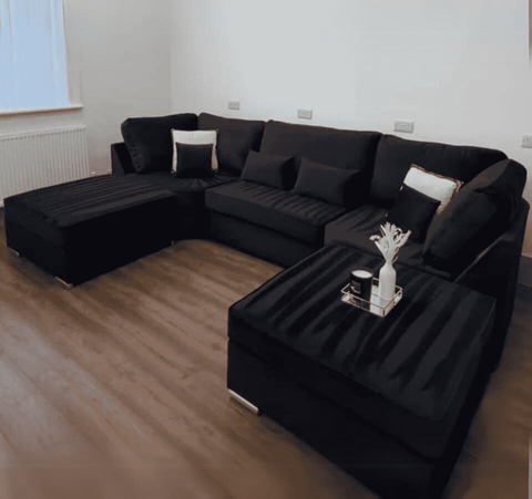 Luxury large U shape corner sofa with deep foam seating, movable footstools, removable washable covers.
