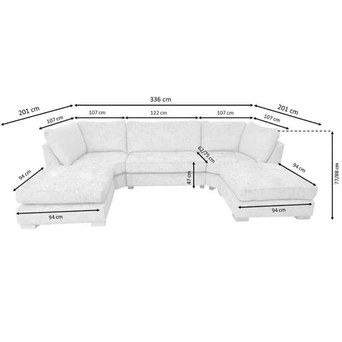Luxury U shape  large corner sofa with deep foam seating, movable footstools, removable washable covers, and contemporary styling for spacious UK living rooms.