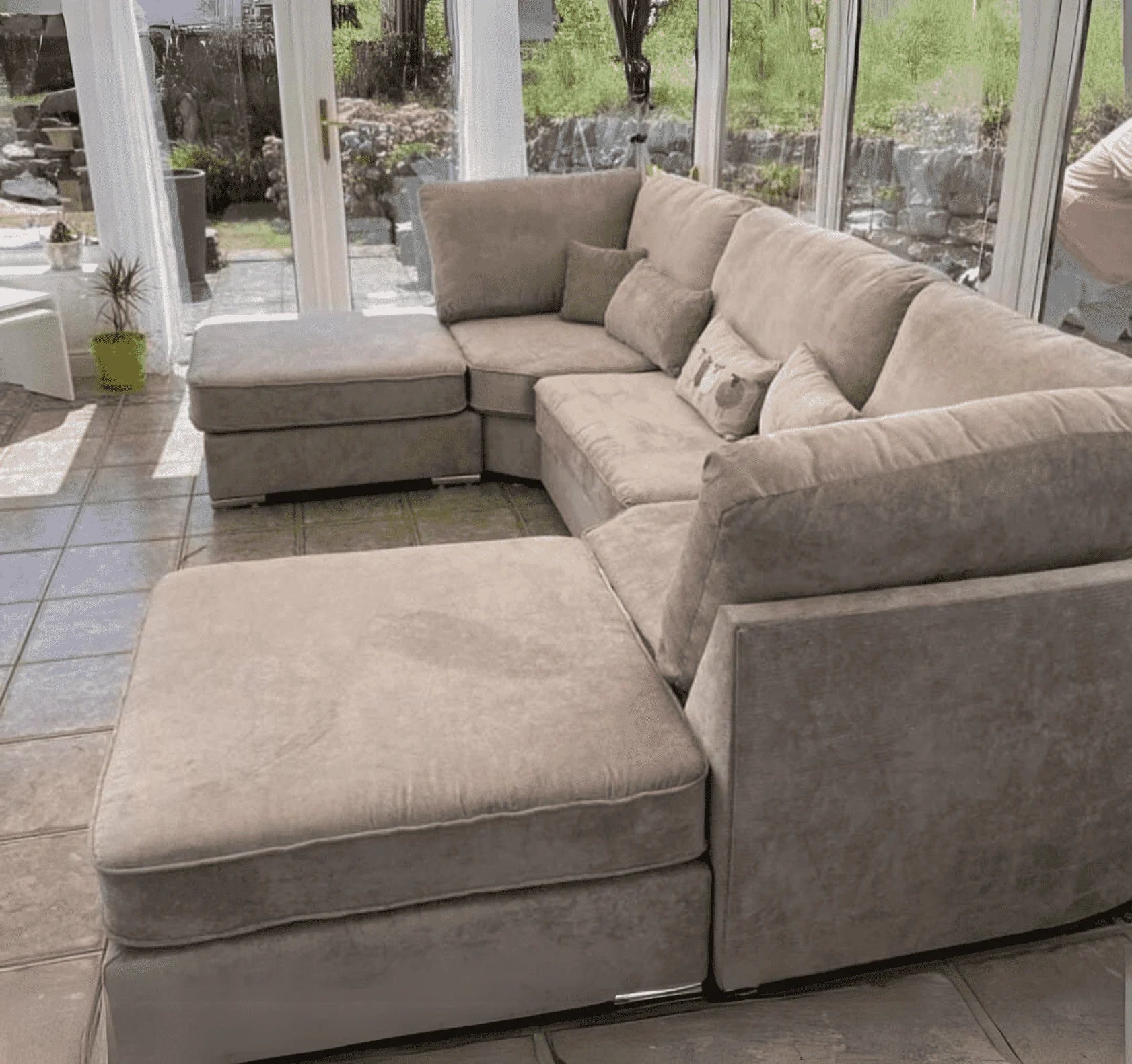  Luxury large U shape corner sofa with deep foam seating, movable footstools, removable washable covers for spacious UK living rooms.