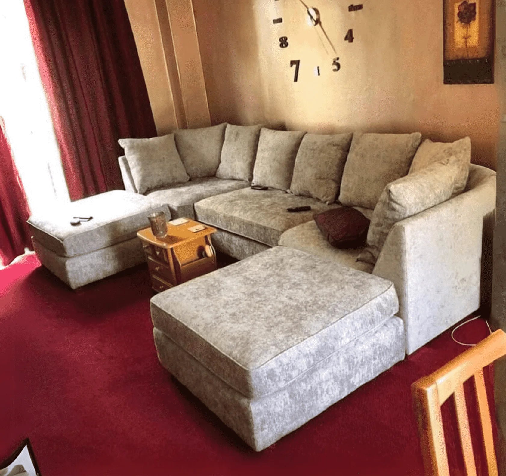 U shape luxury corner sofa with deep foam seating, movable footstools, removable washable covers, and contemporary styling for spacious UK living rooms.