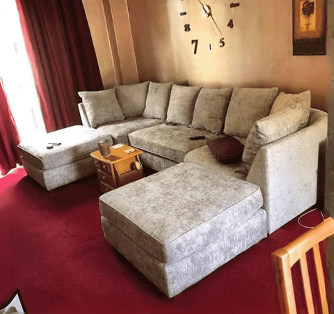 U shape luxury corner sofa with deep foam seating, movable footstools, removable washable covers, and contemporary styling for spacious UK living rooms.