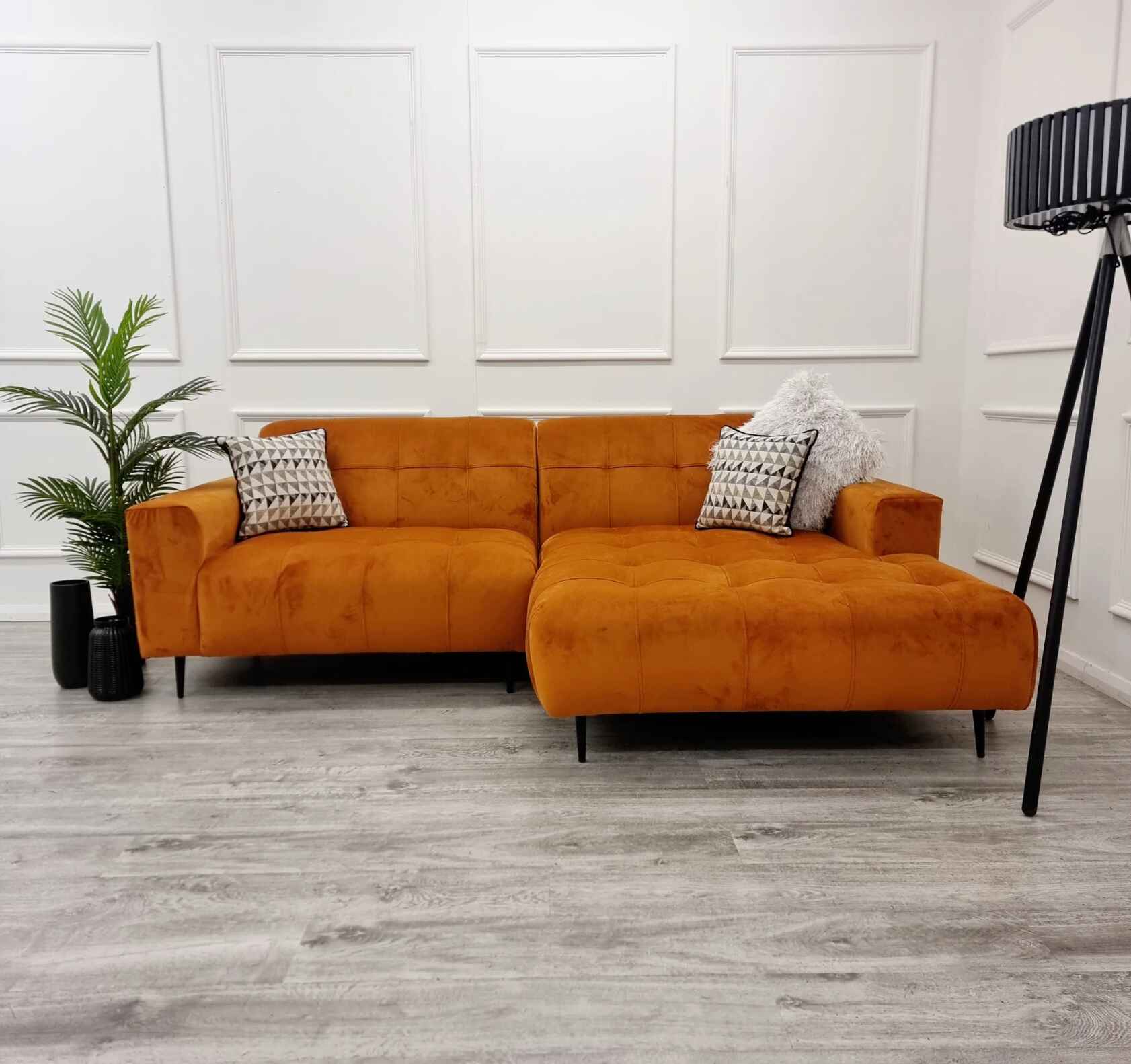 Luxury Oslo open plan cinema sofa with plush velvet upholstery, deep cushioned seating, extended chaise lounge, and spacious design for modern UK living rooms.