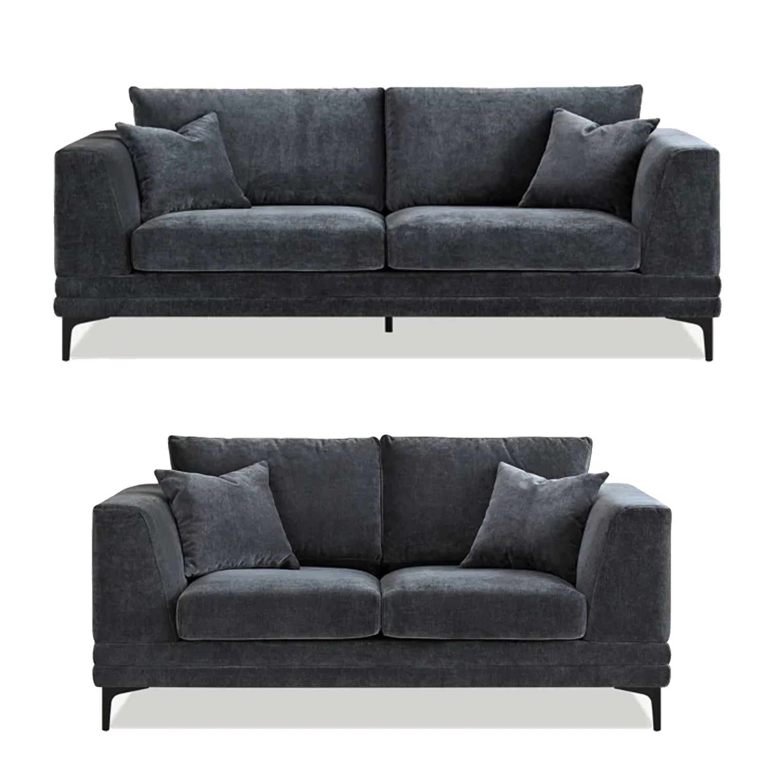 Luxury steel grey velvet sofa with a mid-century modern design, wooden plinth base, deep cushions, and elegant clean lines for contemporary UK living rooms.