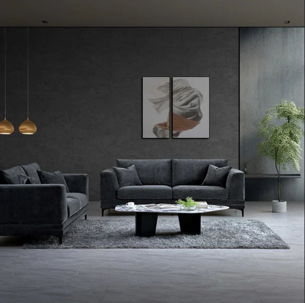  steel grey velvet sofa with a mid-century modern design, wooden plinth base, deep cushions, and elegant clean lines for contemporary UK living rooms.
