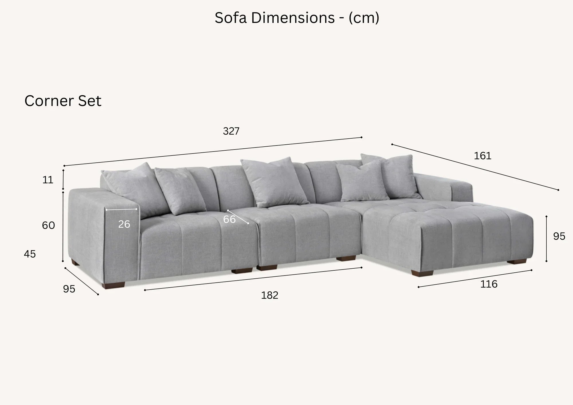  right-hand corner sofa with modular L-shaped design, block-stitched cushions, and five matching scatter cushions in a contemporary living room.