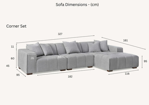  right-hand corner sofa with modular L-shaped design, block-stitched cushions, and five matching scatter cushions in a contemporary living room.