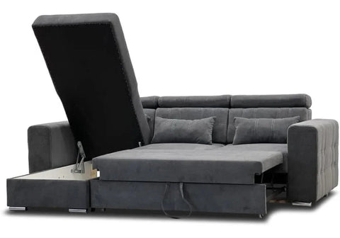 Luxury L shape corner sofa bed with hidden storage compartment, pull-out sleeping function, universal L-shaped design, and modern styling for contemporary UK homes.