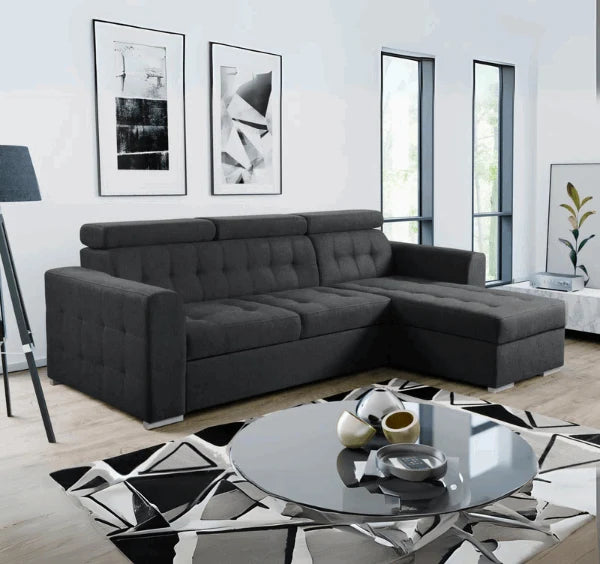 fabric corner sofa bed with hidden storage compartment, pull-out sleeping function, universal L-shaped design, and modern styling for contemporary UK homes.
