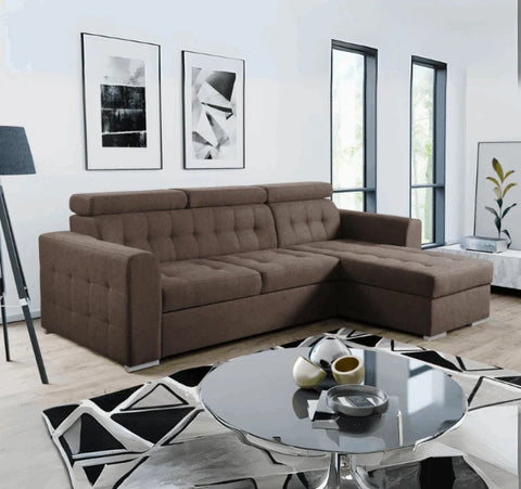 Luxury fabric corner sofa bed with hidden storage compartment, pull-out sleeping function, universal L-shaped design for homes.