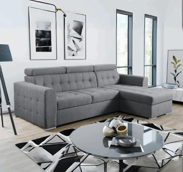 Luxury fabric corner sofa bed with hidden storage compartment, pull-out sleeping function, universal L-shaped design for contemporary UK homes.