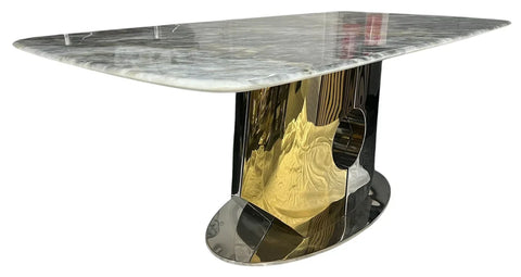 Modern cream marble coffee table with stylish silver and gold geometric base.