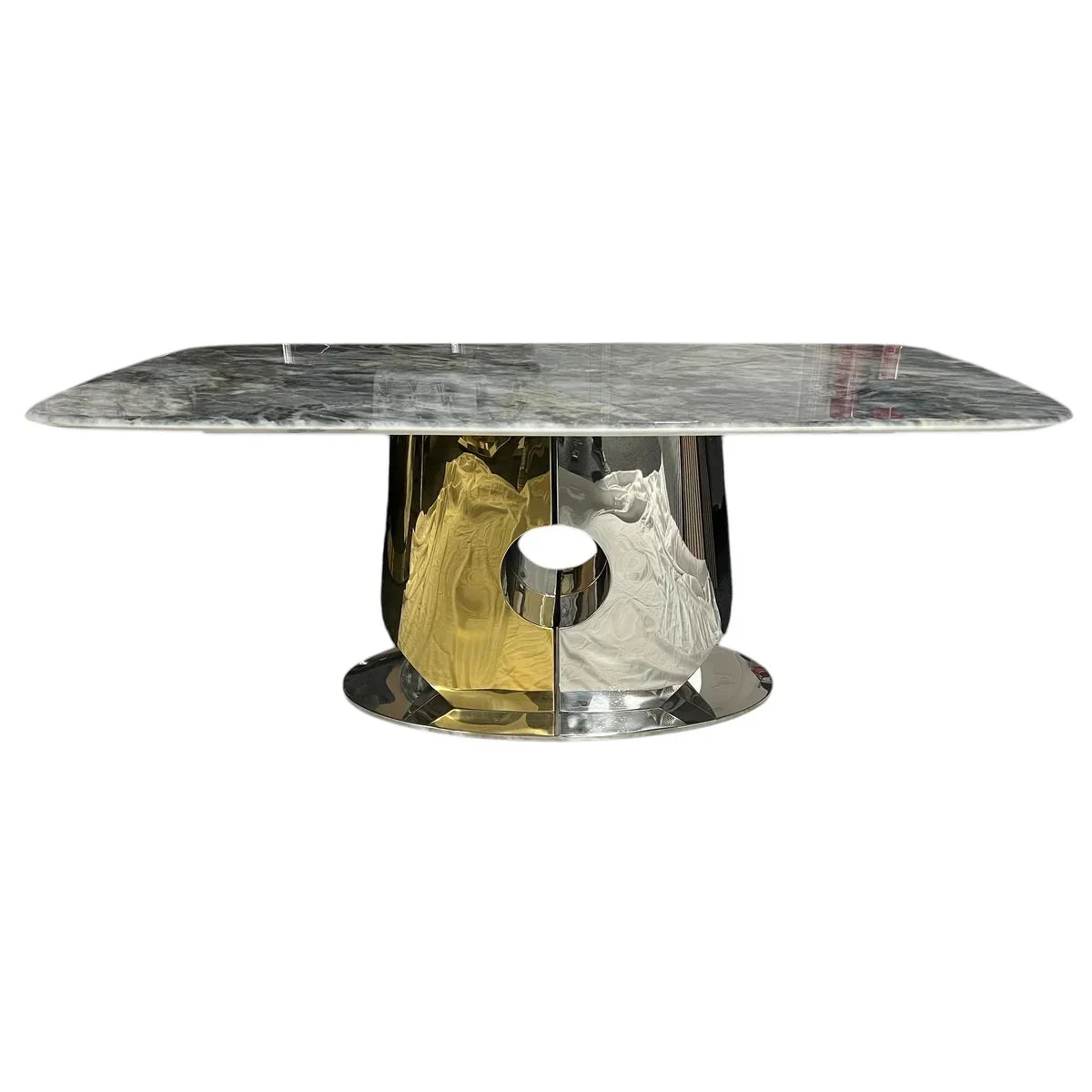 Contemporary cream marble effect coffee table with silver gold base for UK homes.