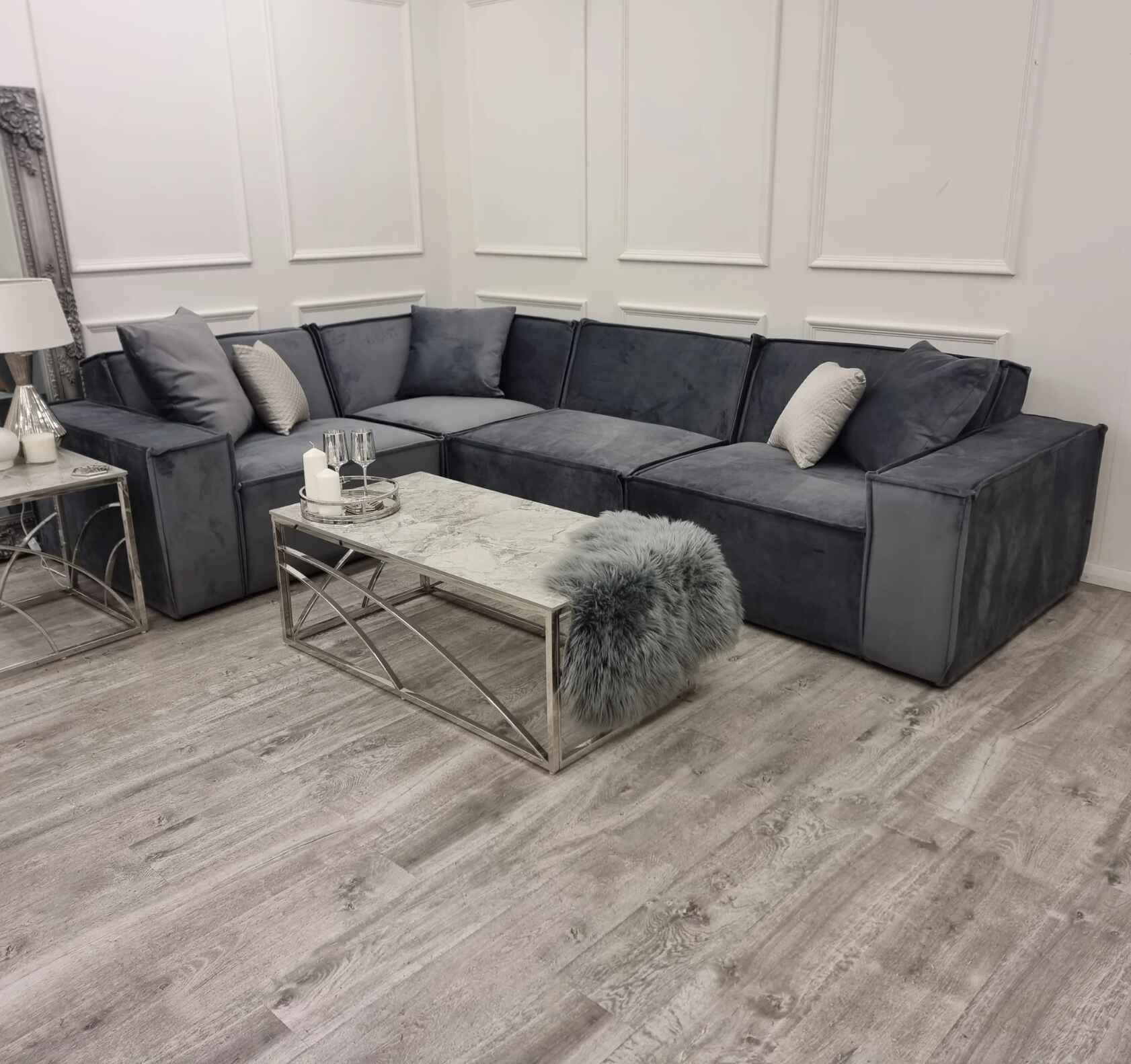 Luxury Midland 4-seater velvet corner sofa with deep cushioned seating, premium velvet upholstery, and a spacious contemporary design for modern UK living rooms.