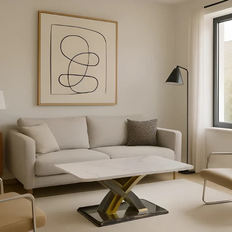 Modern marble coffee table styled in a UK living room