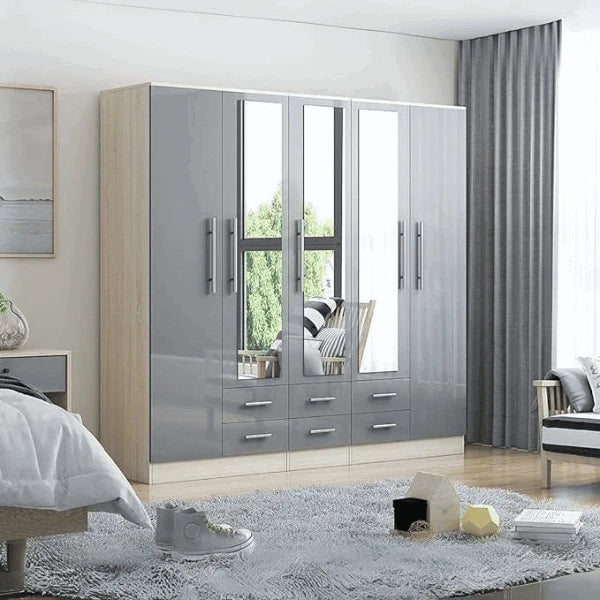 Grey gloss wardrobe with 3 built-in mirrors