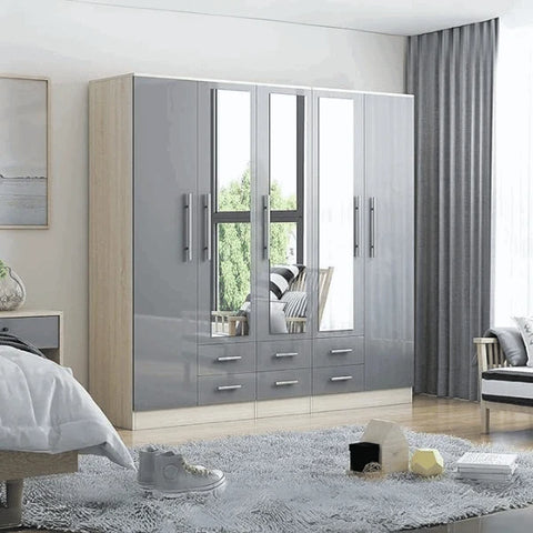 Grey gloss wardrobe with 3 built-in mirrors