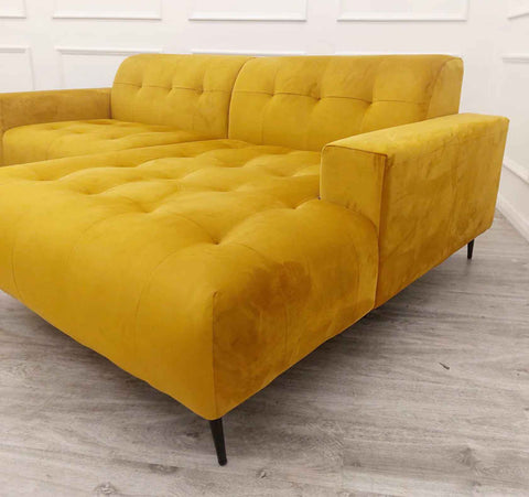 Luxury Oslo open plan cinema sofa with plush velvet upholstery, deep cushioned seating, extended chaise lounge.