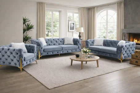 Elegant grey shimmer sofa with rolled arms and contemporary metal legs.