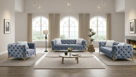 Luxury Paris grey shimmer Chesterfield sofa with deep button tufting and elegant rolled arms.