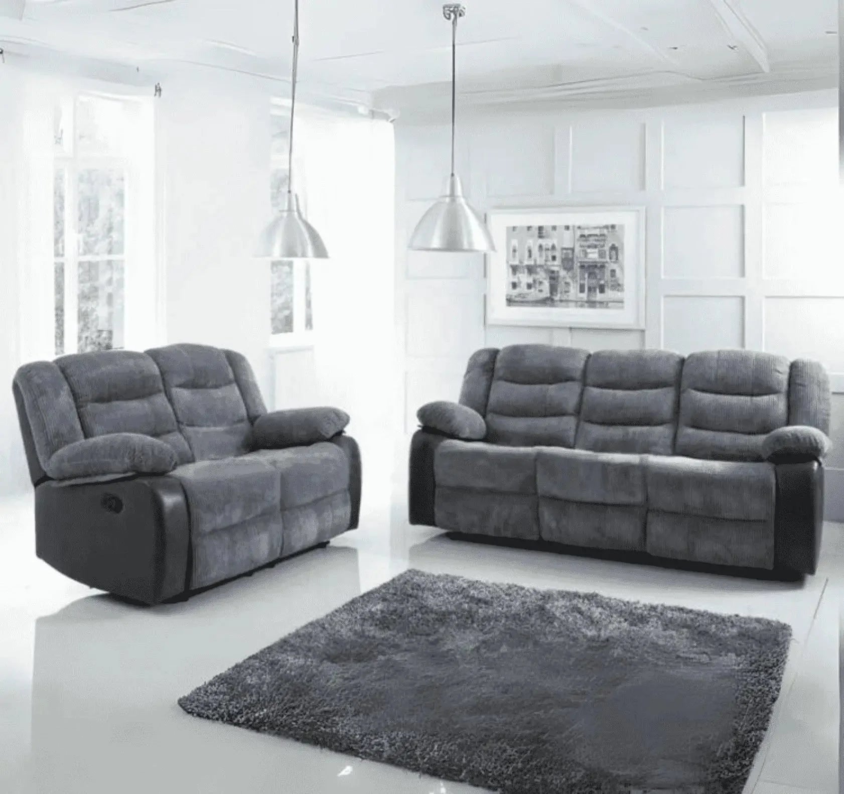 Rio elephant grey cord fabric recliner sofa with built-in cup holder console.