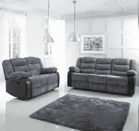 Rio elephant grey cord fabric recliner sofa with built-in cup holder console.