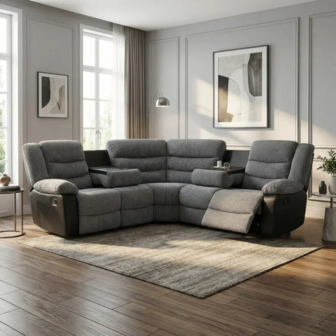 Luxury Rio grey jumbo cord recliner corner sofa with spacious seating for modern UK homes.