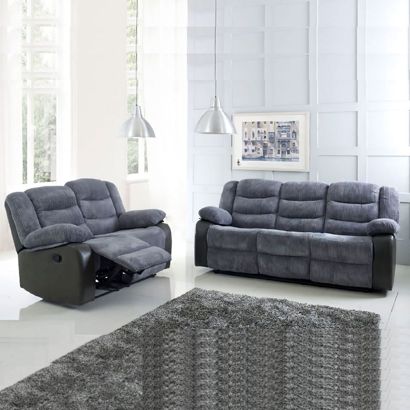 Modern grey cord fabric 3 seater recliner sofa for contemporary UK living rooms.