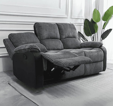 Modern 2 seater grey recliner sofa with soft cord upholstery and supportive cushions.