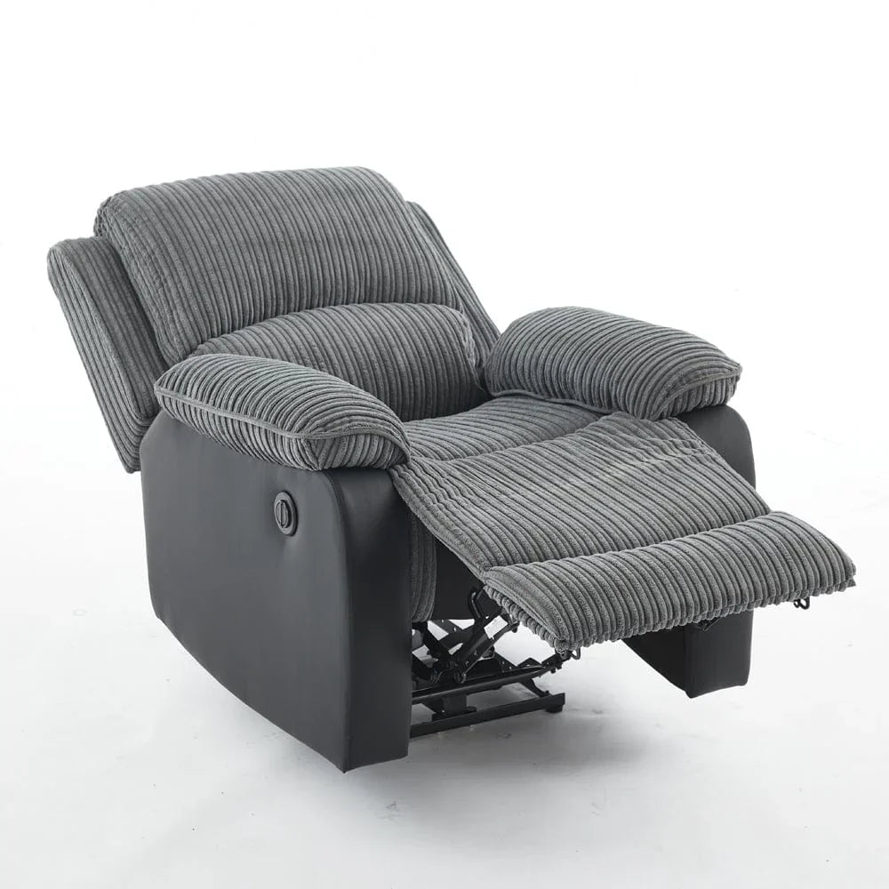 Grey jumbo cord single recliner chair with faux leather accents and supportive cushioning.