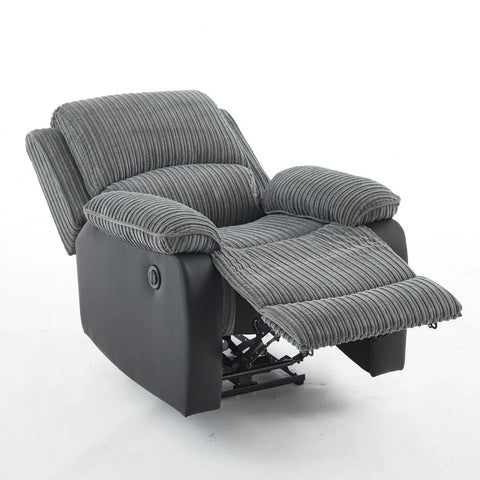Grey jumbo cord single recliner chair with faux leather accents and supportive cushioning.
