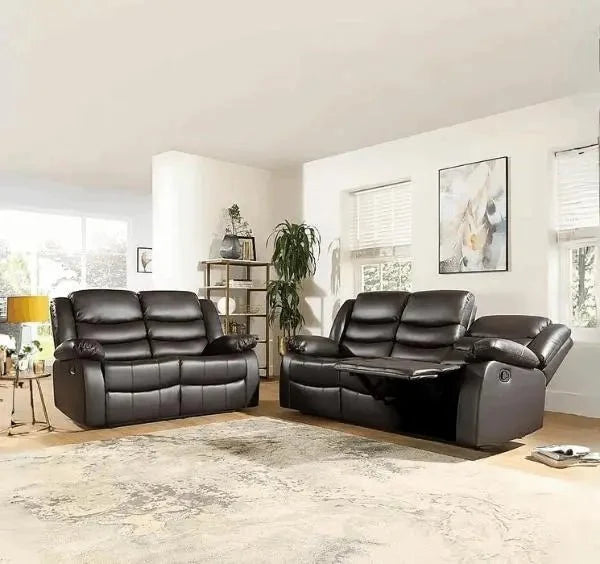 Roma brown leather 3+2 recliner sofa set with comfortable padded seating.