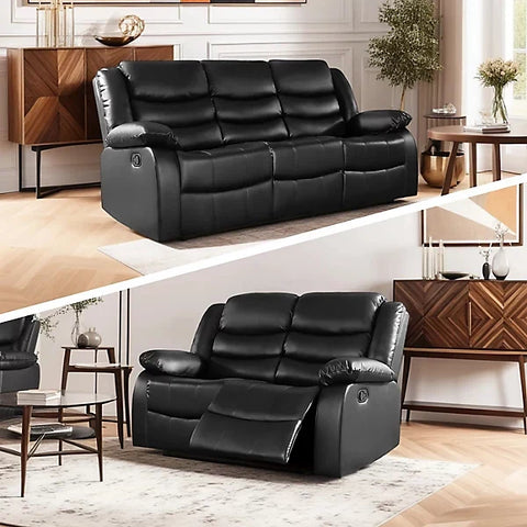 Roma black air leather 3+2 recliner sofa set with comfortable padded seating.