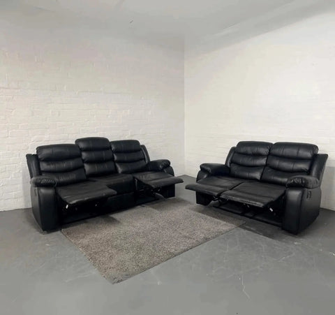 Black air leather 3+2 sofa set with spacious seating for family movie nights.