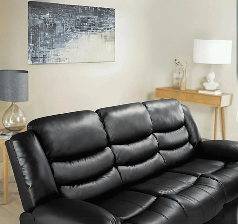 Contemporary black 3 seater recliner sofa with plush comfortable cushions.