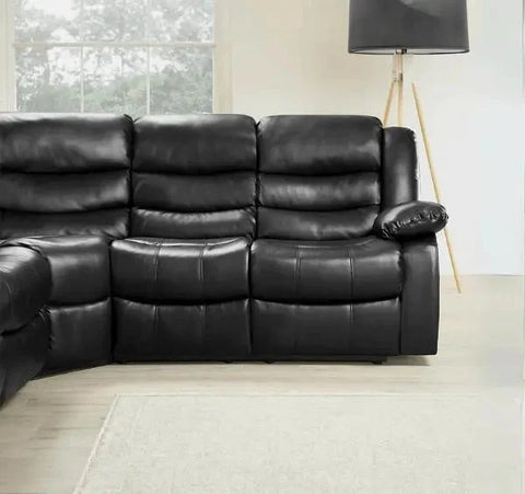Large 5 seater black recliner corner sofa upholstered in premium air leather for contemporary interiors.
