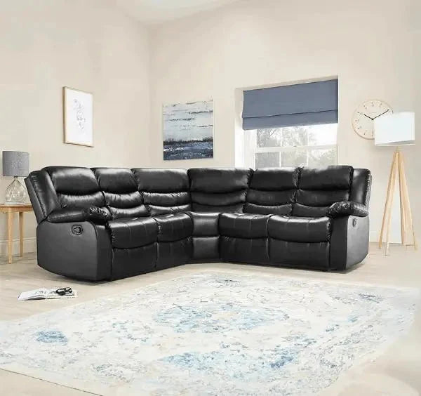 Luxury Roma black leather recliner corner sofa with spacious 5+ seater design for modern UK homes.
