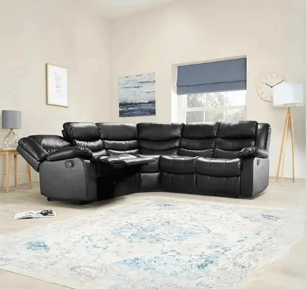 Modern black air leather corner sofa with reclining function and padded armrests for family living rooms.