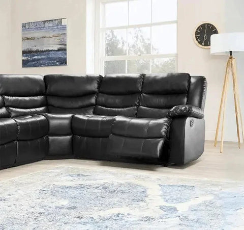 Luxury black corner recliner sofa with wide padded armrests and comfortable reclining seats.