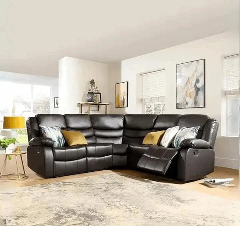 Modern brown leather recliner corner sofa with comfortable reclining seats and built-in cupholders.